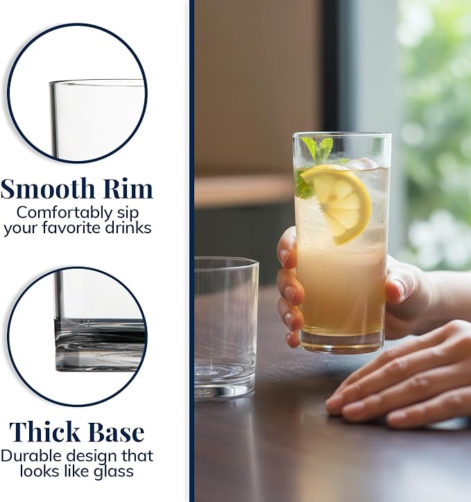 US Acrylic Classic Clear Plastic Reusable Drinking Glasses (Set of 8) 12oz Rocks & 16oz Water Cups | BPA-Free Tumblers, Made in USA | Top-Rack Dishwasher Safe - Image 4