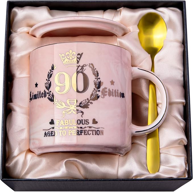 Biching 90th Birthday Gifts for Women - Aged to Perfection Coffee Mug | Unique 1936 Birthday Present for Grandma Mom Wife Friend Sister, 14oz Ceramic Coffee Mug Printed Gold with Lid Spoon Card Box by Biching