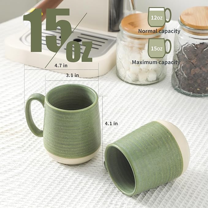 HASENSE Porcelain Coffee Mugs Set of 4, 15 Oz Large Coffee Cups, Latte Cup with Handle, Tea Mugs for Men and Women, Modern Coffee Mug for Cappuccino, Milk, Cocoa, Microwave & Dishwasher Safe, Green - Image 3