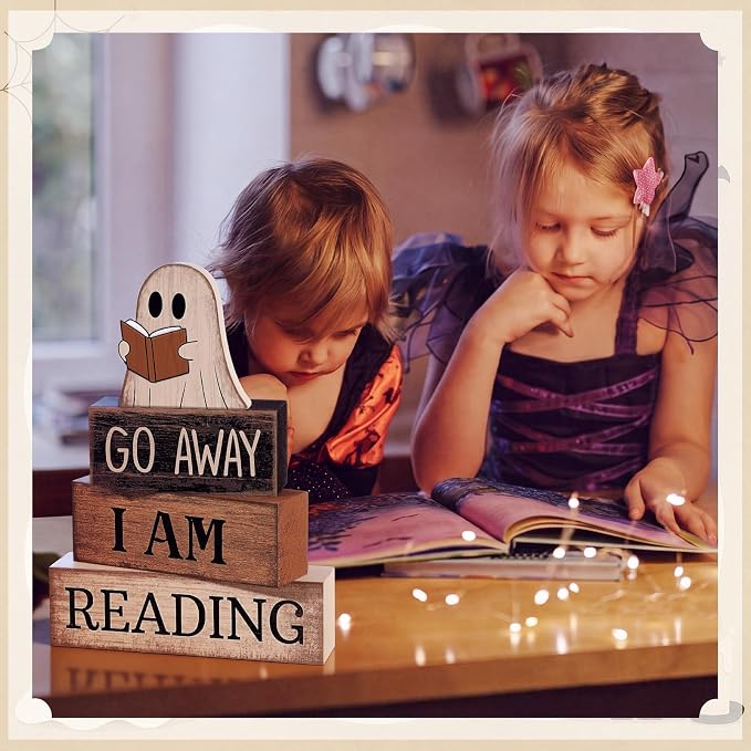 Moucuny 4 Pcs Halloween Table Decoration Wooden Ghost Reading Stacked Block Decor, "Go Away I Am Reading" Sign, Rustic Ghost Centerpiece Book Lover Halloween Tiered Tray Decor for Home Office Library - Image 6