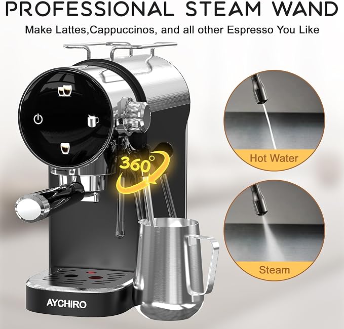 AYCHIRO 20 Bar Semi-Automatic Espresso Machine, Touch Panel Espresso Maker with Milk Frother Steam Wand, Cappuccino Latte Coffee Machine, Removable Water Tank for Home Barista, Black - Image 5