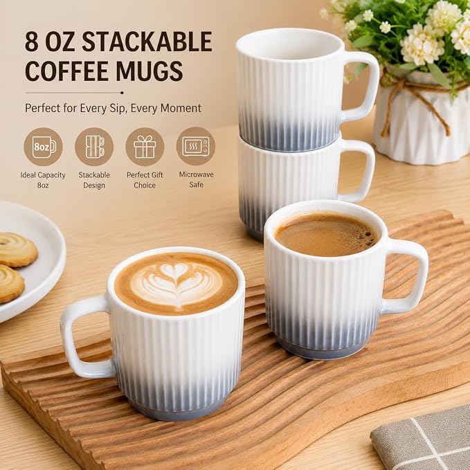 8 oz Stackable Coffee Mugs Set of 4, Ceramic Coffee Mug Cappuccino Cups | Coffee Cup for Hot Drinks, Latte, Cocoa & Tea, Coffee Mug for Home & Office Use, Birthday Gift for Coffee Lovers, Grey - Image 4