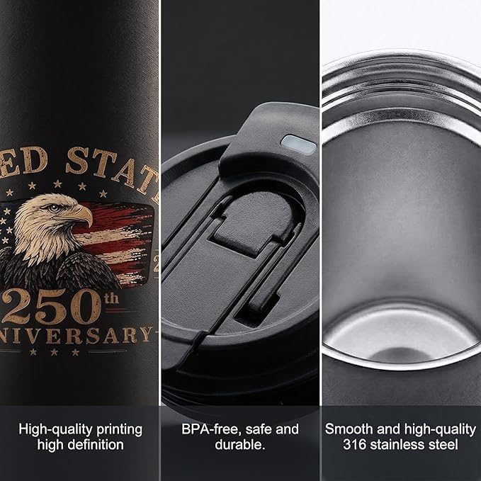 250th Anniversary Coffee Mug, 18 oz Stainless Steel Insulated Tumbler, Vintage Patriotic Design 1776-2026, Fathers Day Birthday Gift Dad From, Military Veteran Retirement Commemorative Gift, Black - Image 4