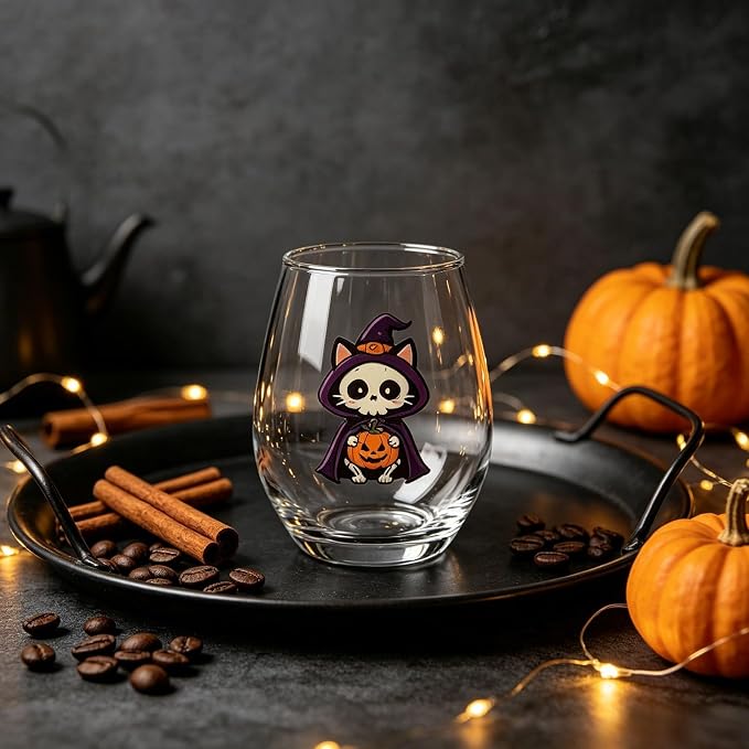 Halloween Stemless Wine Glass, Cute Pumpkin Ghost Cat Egg Shaped Tumbler, Clear Waterproof Printed Glassware, Festive Decorative Cup, Halloween Party Supplies & Holiday Gift for Women, B - Image 5