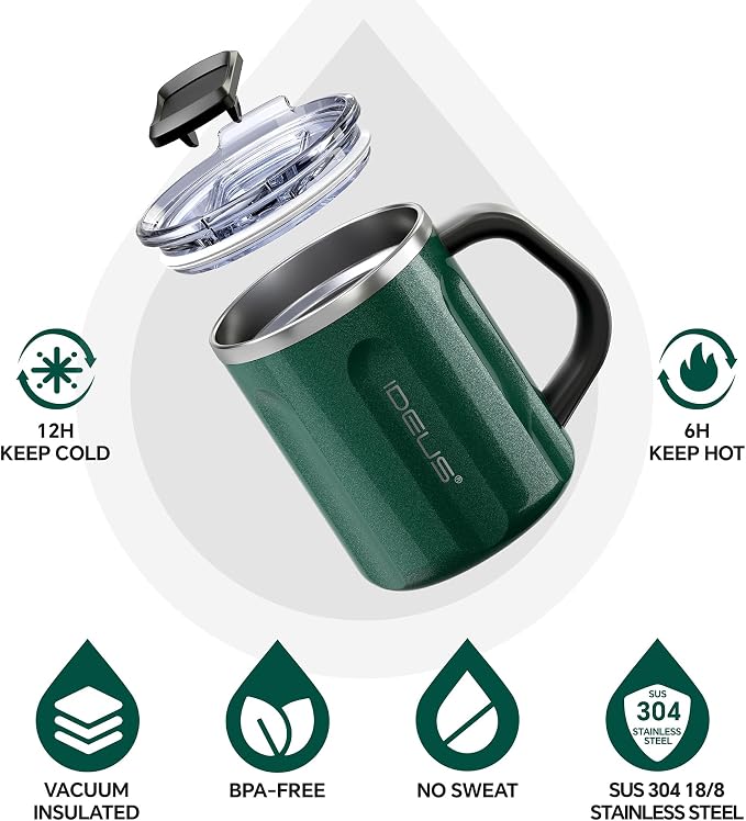 Ideus 16 oz Insulated Coffee Mug with Handle and Lid, Double Wall Stainless Steel Vacuum Thermal Coffee Mug, Travel Coffee Cup Thermal Cup for Home and Office, Deep Green-FUJI FLOW - Image 2