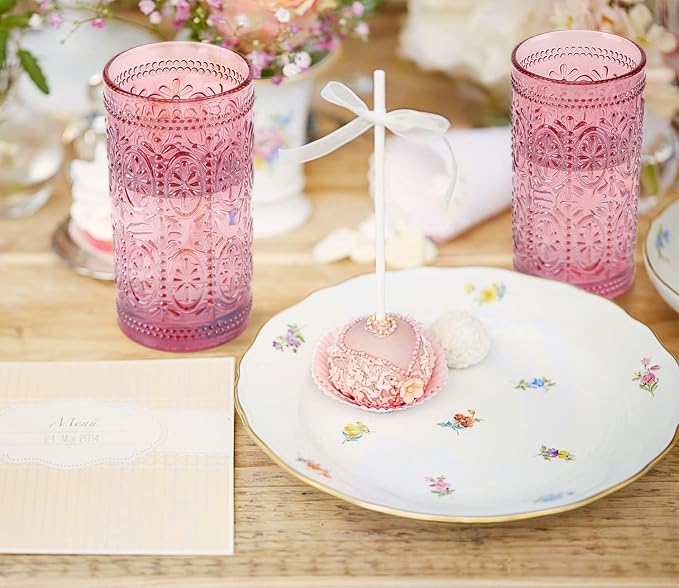 abrwyy Pink Drinking Glasses, 12oz Pink Glassware, Vintage Glassware | Lead-Free Glass, Thick&Durable Glass, Home Decoration, Food Grade Glass - Image 9