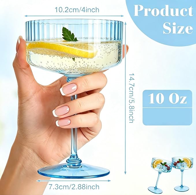 PLULON 12 Pcs Blue Coupe Martini Glasses Cocktail Champagne Cup 10 Oz | Ribbed Plastic Martini Espresso Glasses for Bar Drinking Gifts Wedding Birthday Party, Detachable Margarita Cup Glassware - Image 3