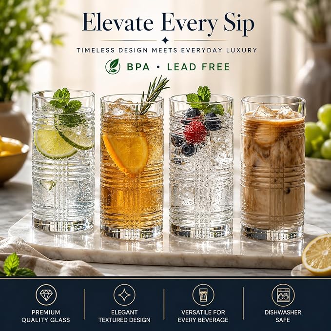 15.5 oz Highball Glasses Set of 4, Modern Ribbed Drinking Glasses, Clear Glass Tumblers for Water, Juice, Cocktails & Iced Tea, Heavy Base, Dishwasher Safe - Image 8