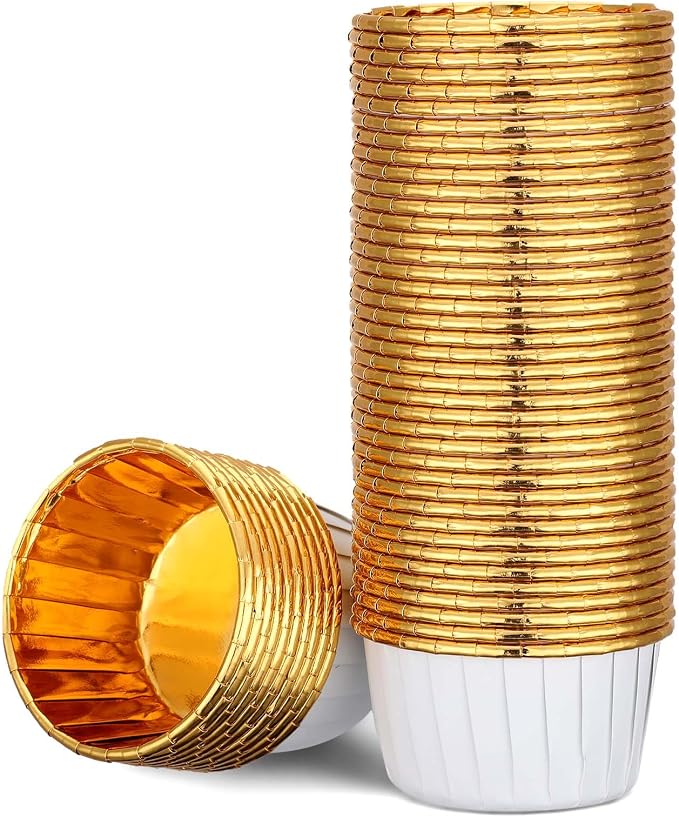 EUSOAR Baking Cups, 50pcs 3.5oz Disposable Ramekins Muffin Cupcake Liners, Dessert Paper Cupcake Liners Aluminum Foil Wrappers Mini Cheesecakes Cups Holders for Birthday Wedding Party-White/Gold by EUSOAR