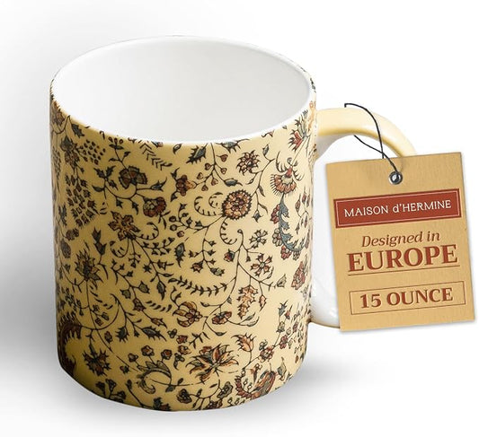 Maison d' Hermine Coffee Mug with Handles Tea Cups (15 Ounce, Pack of 1) | Fine Bone China Coffee Mugs for Hot Beverages Cappuccino Latte Home Restaurant Hotel Spring Summer -Lakshmi - Daya by MaisondHermine
