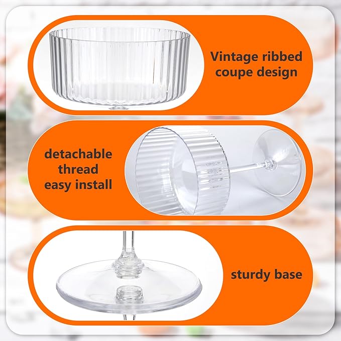 Jingmore 6 Pcs Ribbed Martini Glasses 10 oz Disposable Plastic Vintage Ribbed Coupe Glasses Unbreakable Dessert Parfait Glassware for Wedding Birthday Party Supplies (Clear) - Image 4
