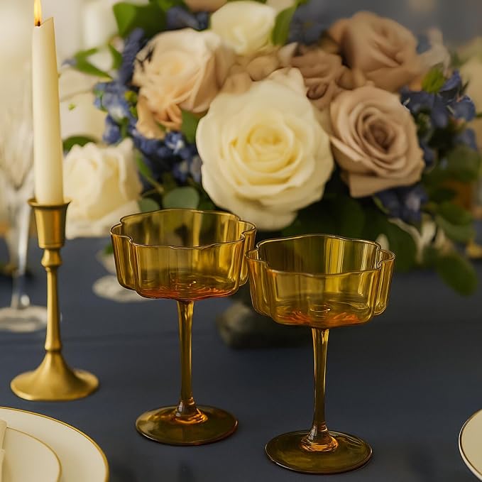 Flower Scalloped Vintage Wavy Petals Wave Glass Coupes 7oz Colorful Martini, Champagne & Cocktails, 2 Set Amber Rippled Champagne Glasses, Elegant Bar Glassware, Unique Aesthetic Coupe Glassware Gifts - Image 8