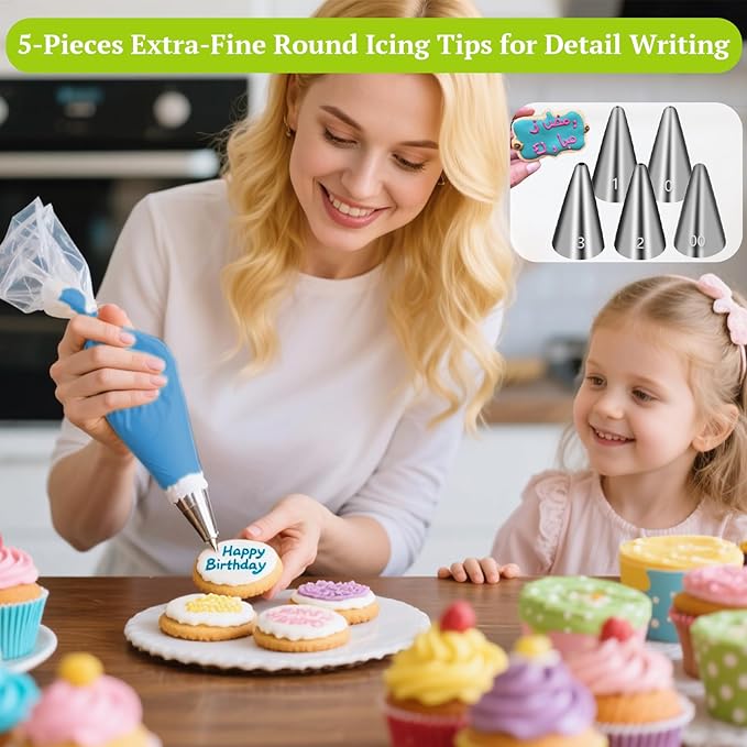 Suuker Extra-Fine Round Piping Tips Set, 5 Pieces Stainless Steel Small Icing Tips Cake Decorating Tip Piping Nozzles, Cake Writing Tool for Easy Cake Cupcake Dessert Cookies Decorating