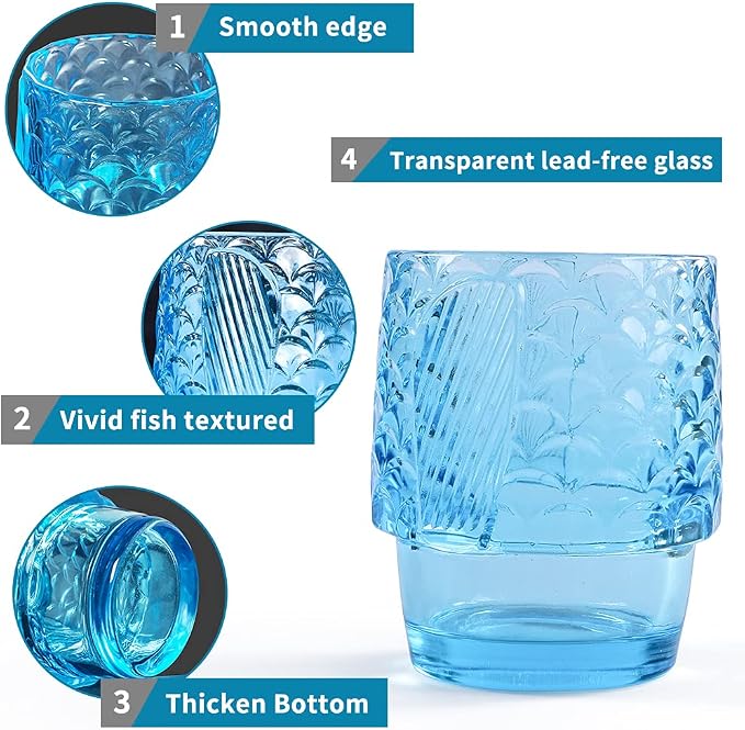 MDLUU Fish Design Tumbler Glasses, Stackable Drinking Glasses, Colored Glass Beverage Cups, Nautical Glassware for Gift, Set of 4 (Blue) - Image 5
