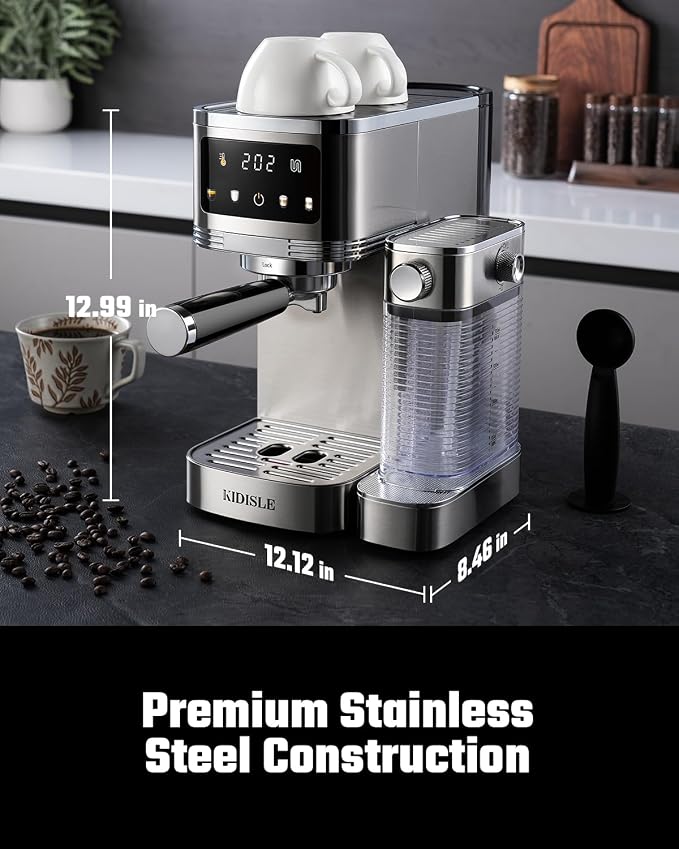 KIDISLE 20 Bar Espresso Machine with Auto Milk Frother & Touchscreen, 1350W | Dual Boiler 1350W Brew +1000W Froth, Pre-Infusion Rich Crema, 44oz Water + 24oz Milk, 3-in-1 Espresso, Cappuccino, Latte - Image 8