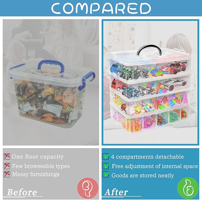 4-Tier Stackable Storage Container Box with 40 Adjustable Compartments, Plastic Organizer Box Transparent Storage Case for Kids Toys, Art Crafts, Jewelry, Supplies, Fuse Beads, Washi Tapes