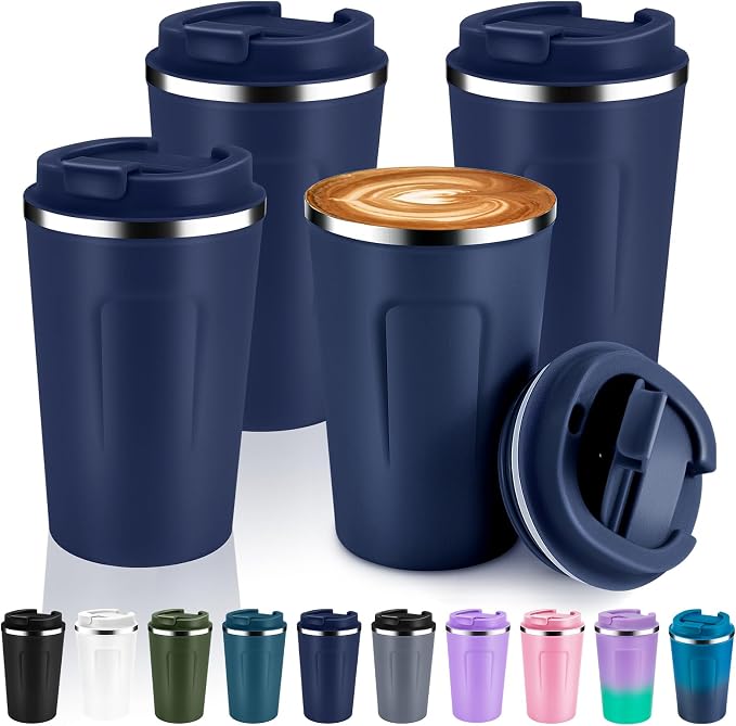 Volhoply 12 oz Double Wall Insulated Vacuum Travel Coffee Mug with Flip Lid Bulk 4 Pack,Reusable Stainless Steel Leak Proof Coffee Cups,Portable Cafe Thermal Tumbler for Hot & Cold Drinks(Navy,4 Set) by LiveFully%EF%BC%8CDrinkFreely%E2%80%94KeepGoingwithVolhoply%EF%BC%81