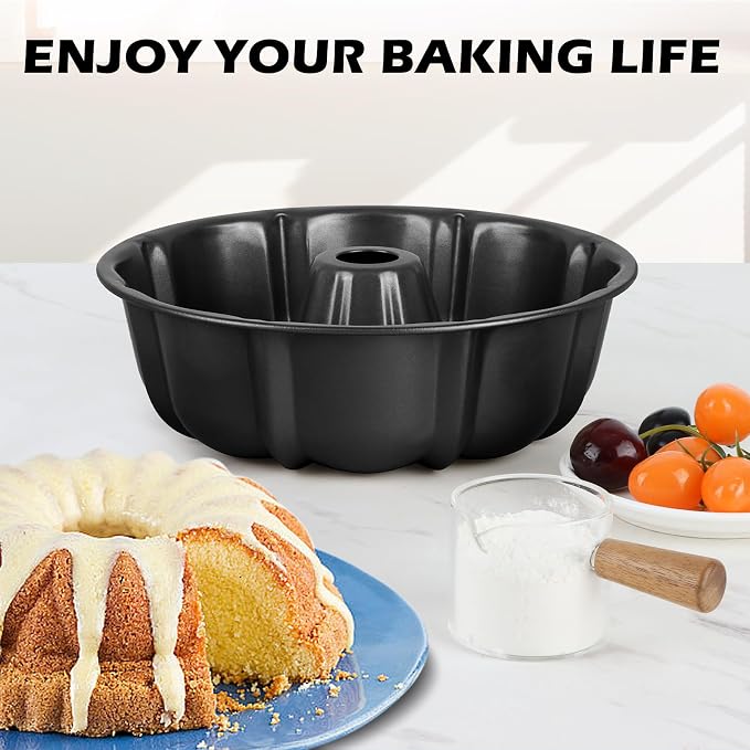 TeamFar 10 Inch Nonstick Cake Pan, 10 Cups Fluted Tube Cake Pan for Baking | Heavy Duty Carbon Steel Round Baking Tray for Making Jello/Monkey Bread/Chocoflan, Non Toxic, Easy Clean - Black - Image 6