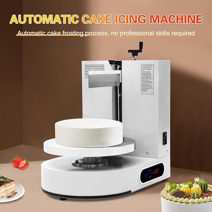 Cake Icing Machine 200W Auto Cream Spreading Machine w/LED Display, Horizontal & Vertical Spatula Adjust, Professional Cake Decorating Machine Frosting Turntable for 4-12 Inch Cakes (White)