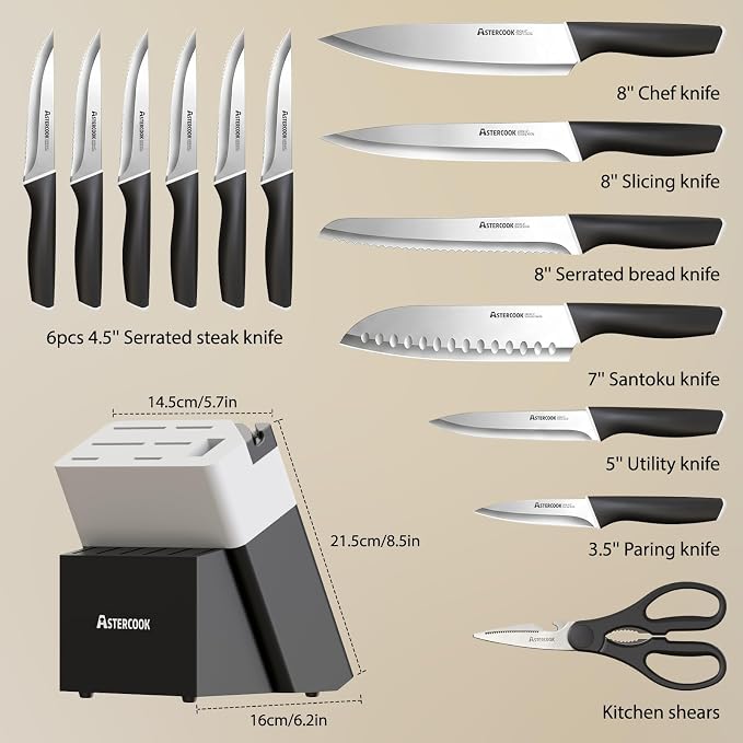 Astercook Knife Set, Kitchen Knives with Block and Sharpener 15 Pcs German Stainless Steel Knives Sharp Blade Dishwasher Safe Deba Knives with Ergonomic Handle, Elegant Black - Image 4