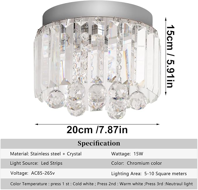 Crystal LED Ceiling Light Chandelier, Modern Semi Flush Mount Lighting Fixture Ceiling Lamp for Living Room, Dining Room, Bedroom, Kitchen Island, Entryway (7.87“ * 5.9” Round Warm Light) - Image 6