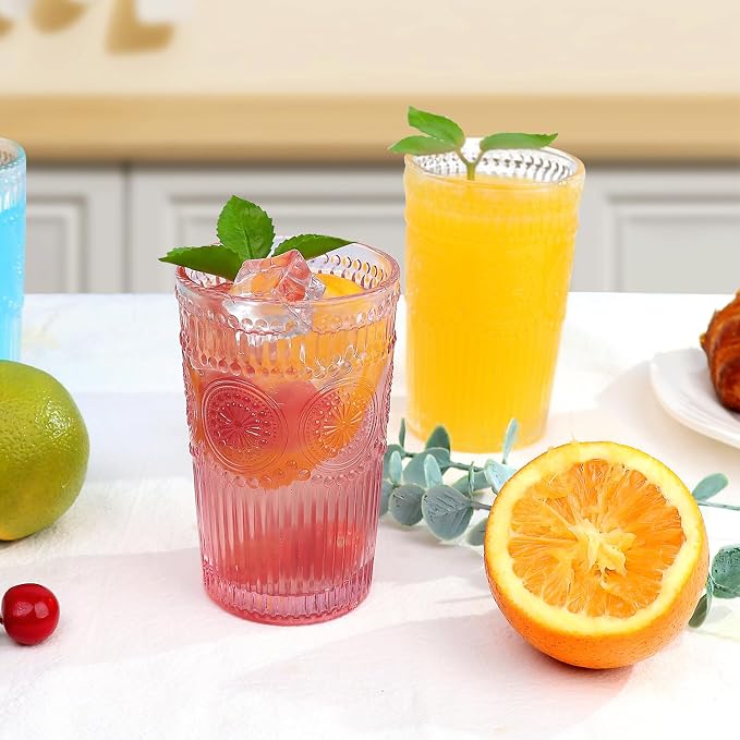 Loivttvv 6pcs Vintage Drinking Glasses Set, 12 oz Pink Highball Glasses, Embossed Ribbed Glassware Cups for Cocktail, Water, Juice, Coffee, Whiskey - Image 7