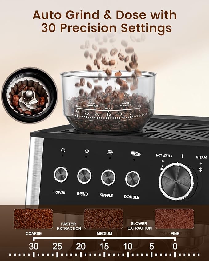 Espresso Machine with Grinder, Professional Expresso Coffee Machines,Coffee Maker with Tamping Tools and Steam Wand, 30 Grind Settings, Removable Water Tank for Cappuccino/Latte-Stainless steel&Black - Image 2