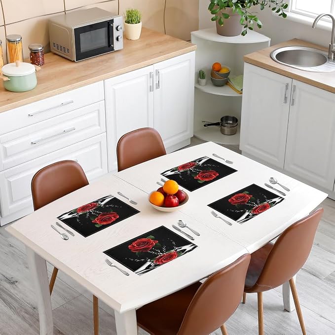 Feelyou Red Rose Table Place Mats Set Romantic Floral Blossom Placemats Set of 4 Black Red Placemat for Kitchen Dining Table for Women Men for Lover Indoor Outdoor Decor Table Mats 18"x12" - Image 3