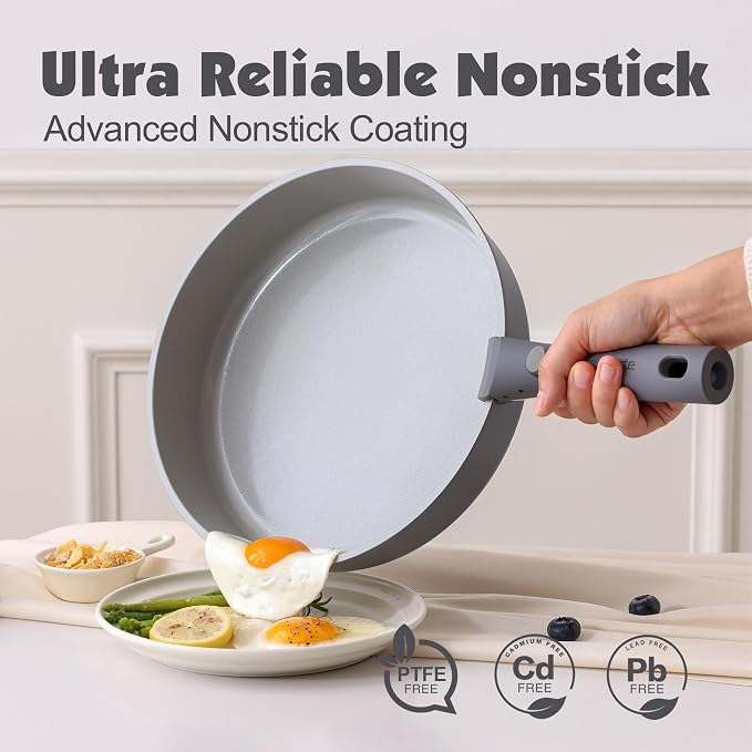 SENSARTE 17 Piece Ceramic Detachable Handle Pots and Pans Set Gray | Ceramic Cookware Set, Induction Cookware Set with Removable Handle, Healthy Non Stick for RV, Dishwasher ＆ Oven Safe - Image 4