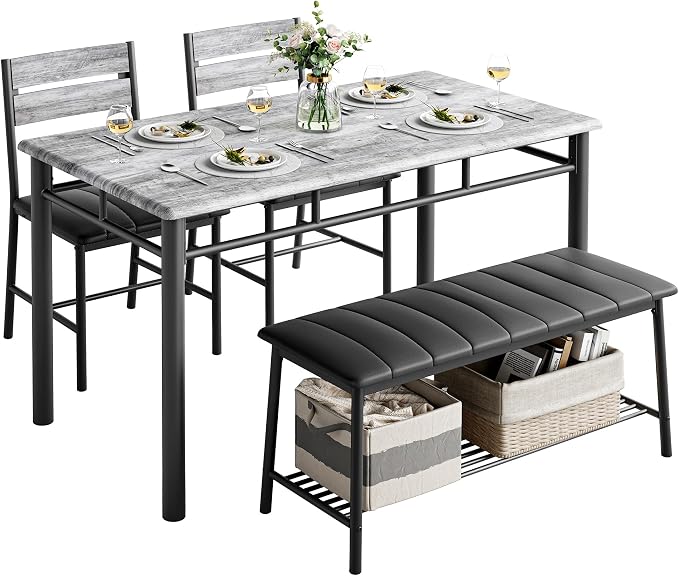 IRONCK Dining Table Set for 4, Kitchen Table and Chairs Set, Gray | Kitchen Table with Upholstered Bench and 2 Chairs for Small Space, Apartment by IRONCK