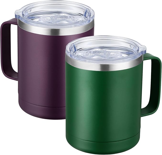 MEWAY 12oz Coffee Mug With Handle 2 Pack Bulk,Stainless Steel Insulated Travel Tumblers With Sliding Lid,Double Wall Vacuum Camping Cup for Hot & Cold Drinks Tea (Forest Green&Plum,Set of 2) by MEWAY