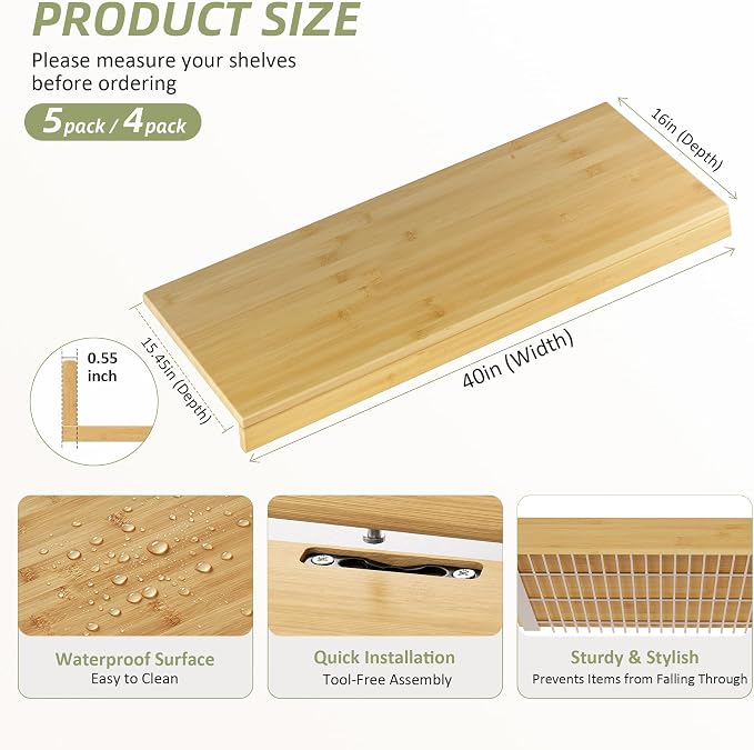 Wire Shelf Covers, Bamboo Wire Rack Covers for Pantry, Closet，Kitchen (5pcs, 40" W x 16" D, Natural) - Image 2
