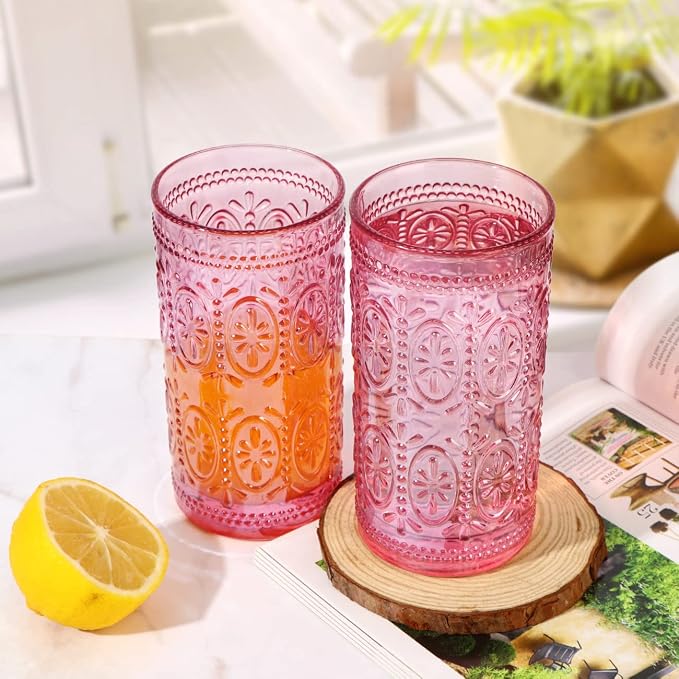 abrwyy Pink Drinking Glasses, 12oz Pink Glassware, Vintage Glassware | Lead-Free Glass, Thick&Durable Glass, Home Decoration, Food Grade Glass - Image 5