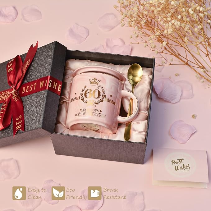 60th Birthday Gifts for Women - Fabulous 1966 Aged to Perfection Happy Birthday Mug - Limited Edition 60th Pink Coffee Mug Printed with Gold, Gift Idea for Turning 60 Years Old Women, Gift Boxed | Limited Edition 60th Pink Happy Birthday Mug Printed wi... - Image 5