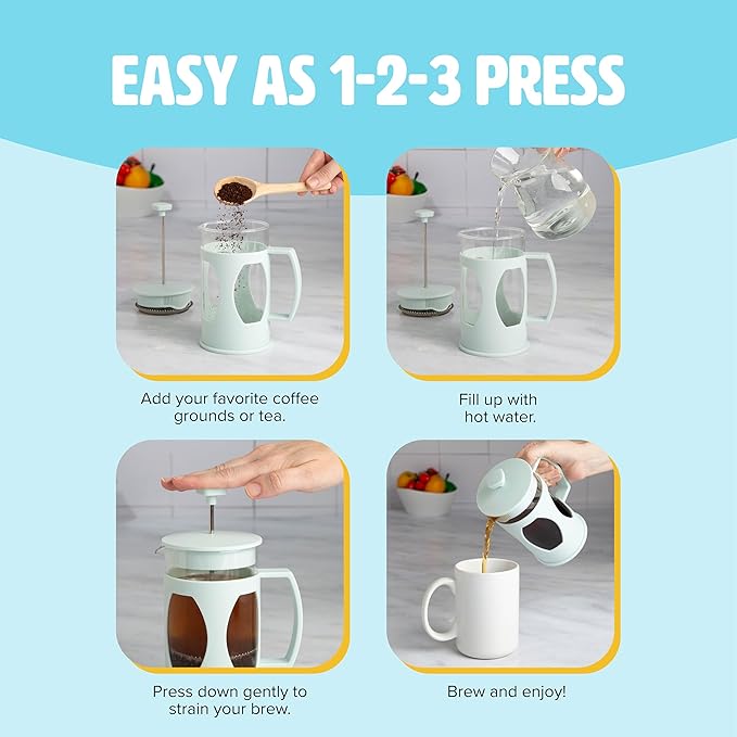 Tasty French Press and Frother Coffee Gift Set, Includes a 4.5-Cup Coffee Press and Battery Operated Handheld Milk Frother, Perfect for French and American Style, 2-Piece Set, Aqua