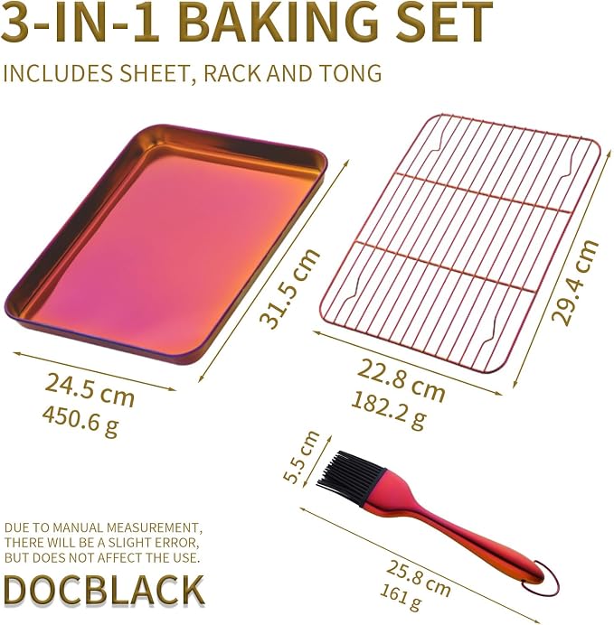 DOCBLACK Baking Sheet with Wire Rack and Silicone Pastry Basting Brush Set, Stainless Steel Cookie Sheet Baking Tray & Cooling Rack &Silicone Food Brush for Cooking and Oven, Dishwasher Safe-SunsetRed - Image 2