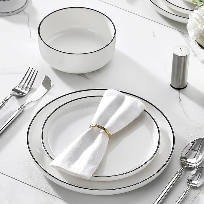 MALACASA Plates and Bowls Sets, 24 Pieces Modern Porcelain Dinnerware Set for 8 White Kitchen Dinner Dining Ware Set wtih Black Rim Ceramic Dishware Dishes Microwave and Dishwasher Safe, Series LUNA | Modern Ceramic Dishware Set,Kitchen Dining Ware,Mic... - Image 5