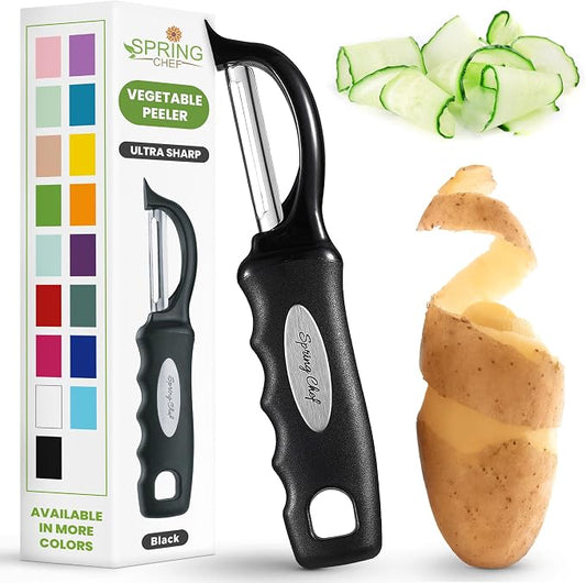 Spring Chef Swivel Vegetable Peeler for Kitchen w/Soft Grip Handle, Black | Premium Potato Peeler w/ Ultra Sharp Stainless Steel Blades, Multifunctional Veggie Peeler for Apple, Carrot, Cucumber, Fruit by SpringChef
