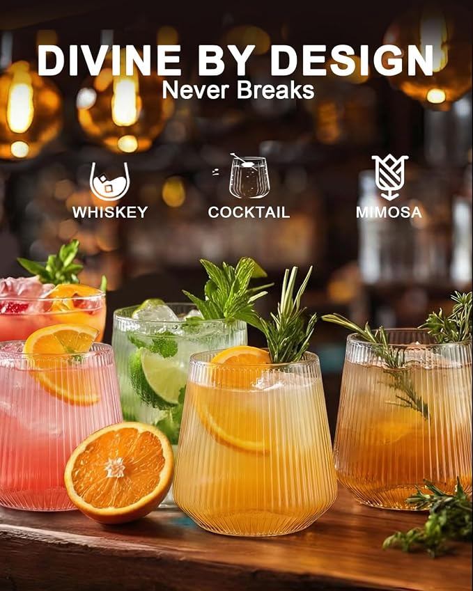40 Pack Plastic Wine Glasses, 12 Oz Disposable Cocktail Whiskey Glasses | Ribbed Stemless Champagne Margarita Glasses, Clear Unbreakable Reusable Plastic Cups for Party Wedding Birthday - Image 4