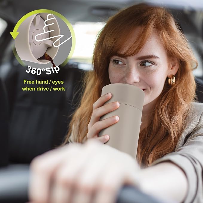 Travel Coffee Mug with 360°Lid, Travel Coffee Tumbler 12 oz Leak Proof, Stainless Steel Insulated Travel Mugs for Hot and Cold Spill Proof Leak Proof(Taupe) - Image 2