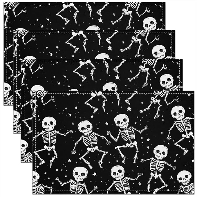 Feelyou Happy Halloween Placemats Set of 4 Sugar Skull Table Mats for Party Kitchen Dining Decoration Black White Gray Place Mat for Table Holiday Decor Indoor Outdoor 18"x12" Non-Slip Easy to Clean by Feelyou
