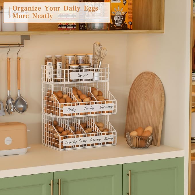 Egg Holder Countertop with 5 Dividers & DIY Nameplate to Separate Eggs | 3 Tier Stackable Wire Storage Baskets for Gathering Fresh Eggs, Wall-Mounted XXL Egg Rack, White (Patent Pending) - Image 4