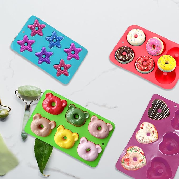 4 Pcs Silicone Donut Mold Set,6-Cavity Silicone Doughnut Pan,Non-Stick Doughnut Pan,BPA Free and Dishwasher Safe,Donut Mold for Summer Parties