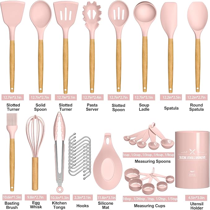 Umite Chef Silicone Kitchen Utensils Set, 33 Piece Non-Stick Kitchen Utensils with Stand, Wooden Handle, Pink - Image 3