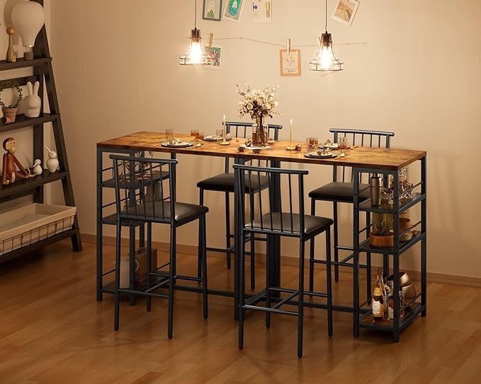 Gizoon 3-Piece Bar Dining Table Set for 2, Kitchen Table w/Shelves Retro | Space-saving retro bar height table set with 3 storage shelves. Includes 2 high-density PU cushion chairs that tuck away. - Image 5