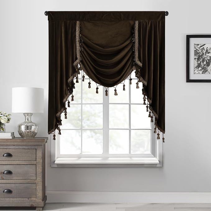 Brown Velvet Valance Curtain for Bedroom W39 inches, 1 Panel | Luxury Tassel Waterfall Valance, Blackout Thermal Insulated Tier Window Drapes for Bathroom, Dining Living Room by StangH