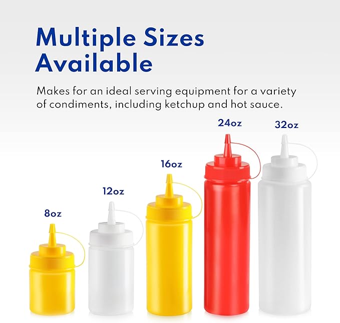 New Star Foodservice Squeeze Bottles, Plastic, Wide Mouth, 32 oz, Clear, Pack of 6