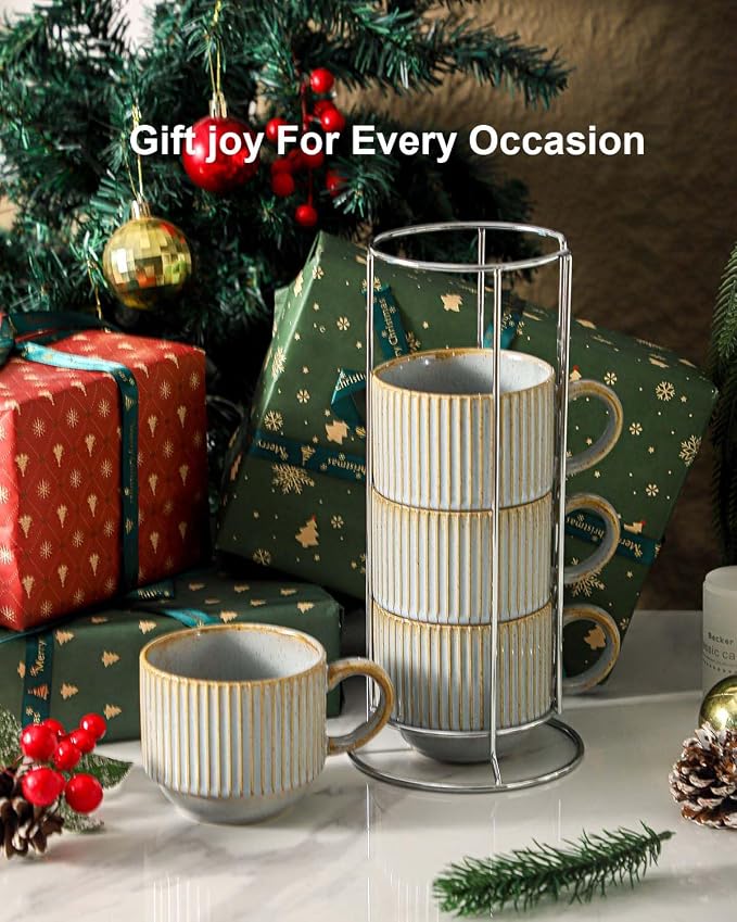 HASENSE Coffee Mug Ceramic Set of 4 with Stand - 15 oz Rustic Farmhouse Stackable Ribbed Latte Cup Set for Cappuccino, Tea, Hot Cocoa, Drinks - Dishwasher & Microwave Safe, Lavender Gray - Image 8