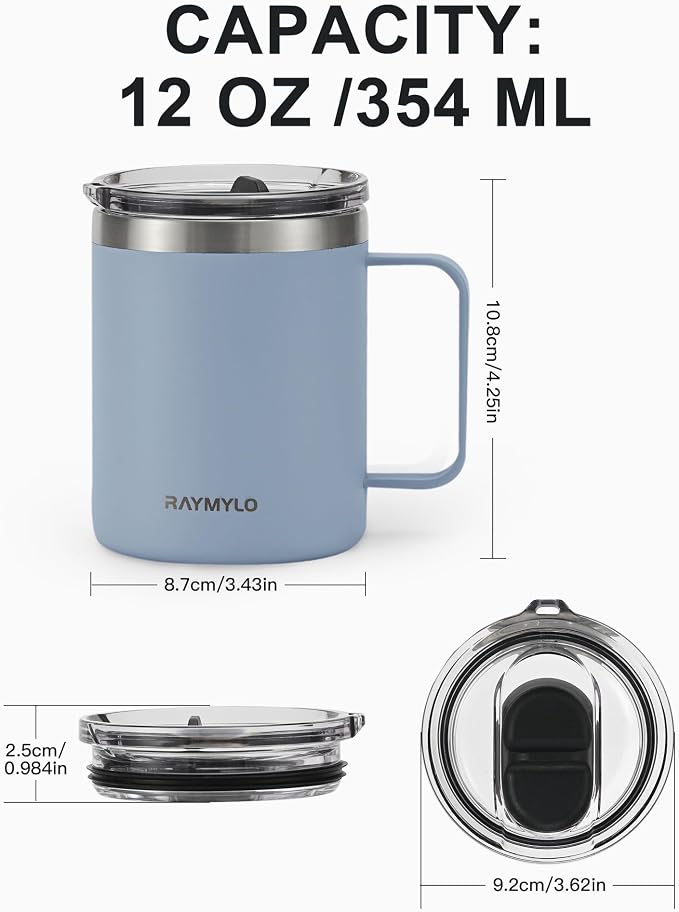 RAYMYLO Insulated Coffee Mug 12 oz, Spill-Proof & Detachable Slider Lid | Double Wall Stainless Steel with Thorough Clean Lid & Handle, Cold for 9 Hrs, Suitable for Camp Home Office - Image 6