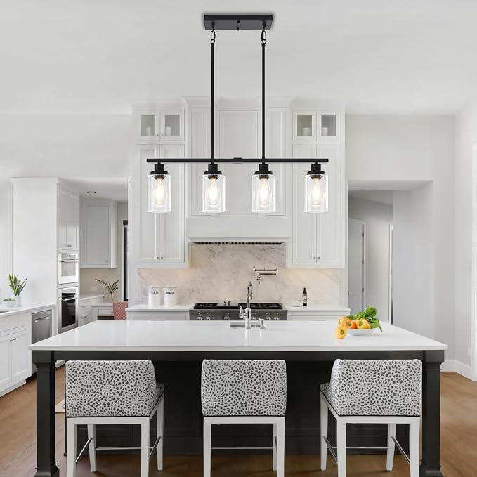 Modern Island Lights for Kitchen Black Dining Room Light Fixtures | 30'' Linear Chandelier Over Table, 4-Light Farmhouse Kitchen Island Lighting Clear Glass Shades, Adjustable Height - Image 3